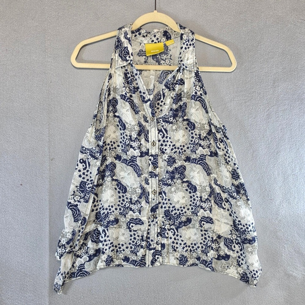 Maeve Anthropologie Artsy Whimsical Face Print Sleeveless Blouse 8 Blue White